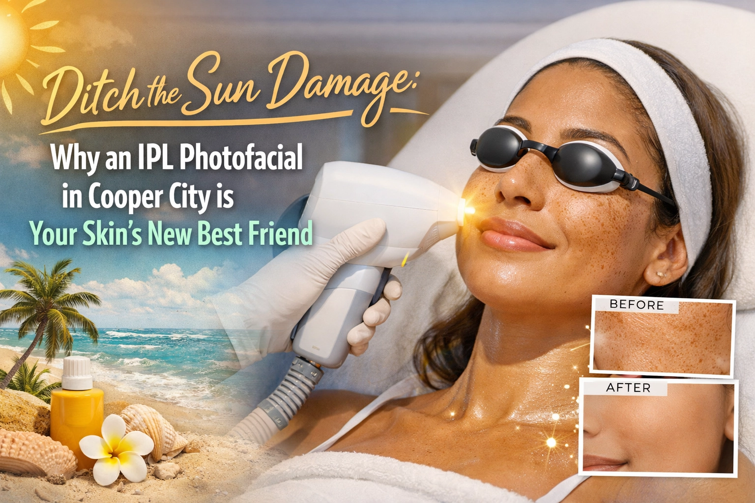 A woman gets an IPL photofacial at a Cooper City med spa; insets show her skin before and after, with text on IPL sun damage benefits.