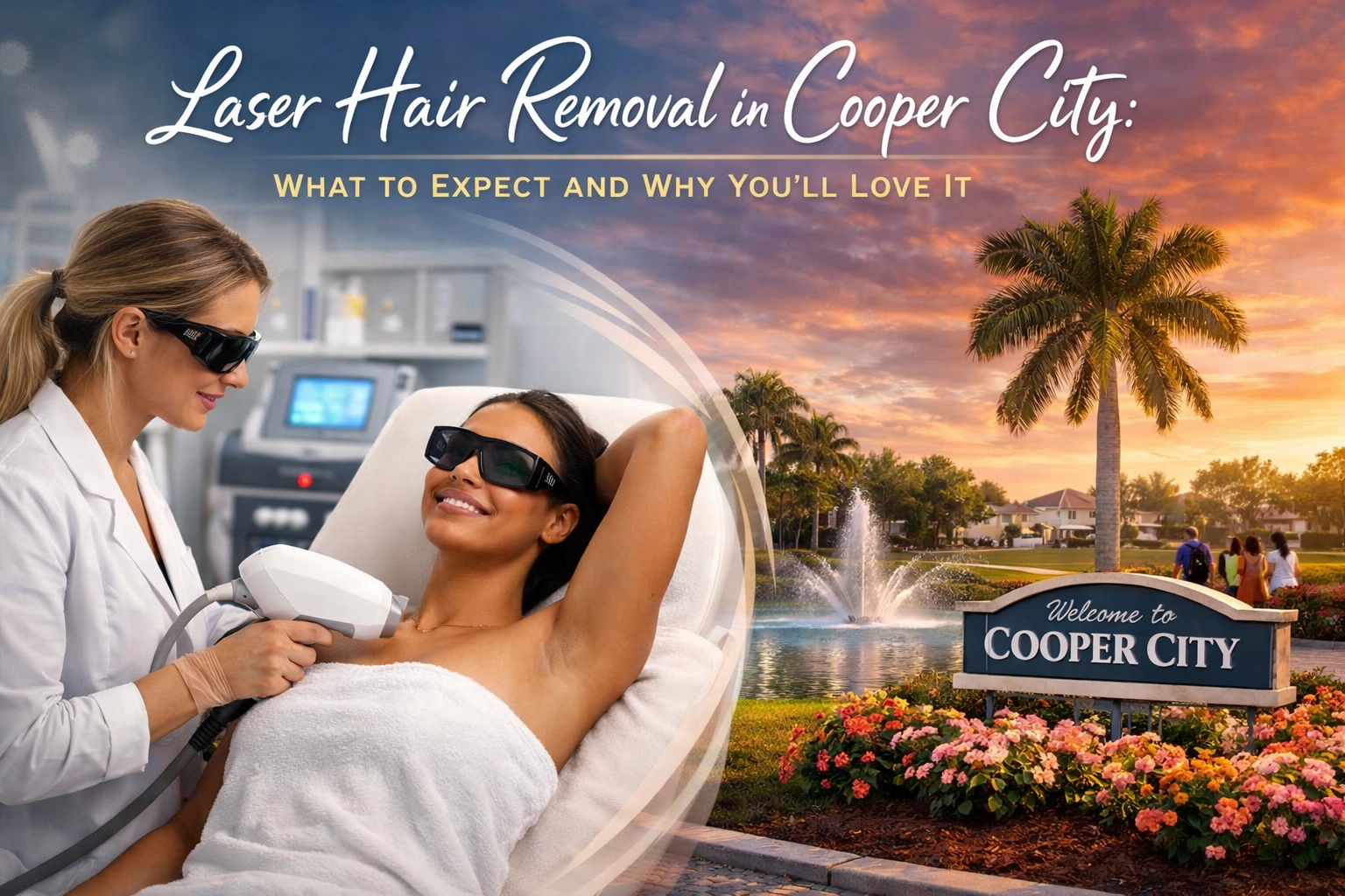 A woman gets laser hair removal from a technician at a Cooper City med spa, with palm trees and the welcoming city sign behind them.
