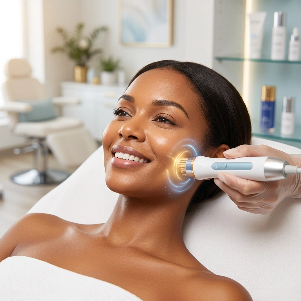 A woman receives a blue light facial with a handheld device at a modern med spa in Cooper City.