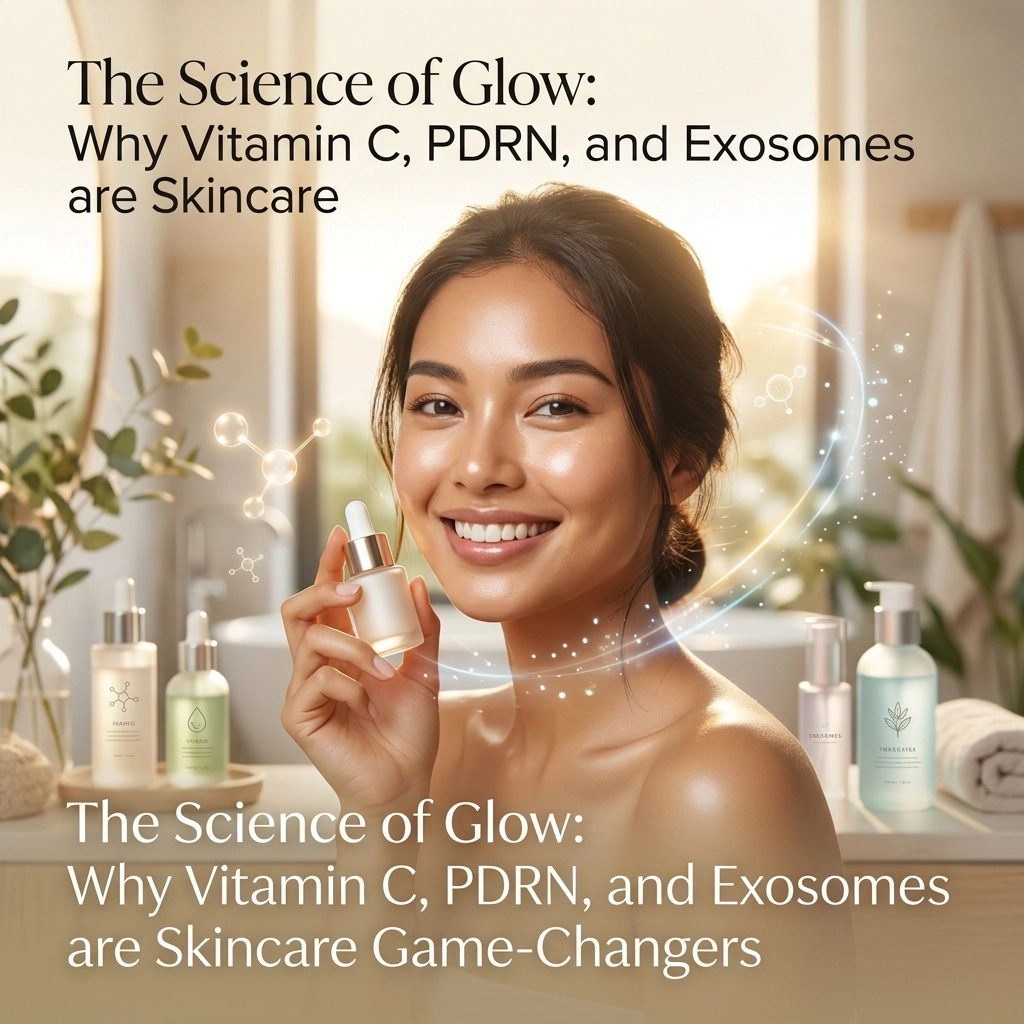 A woman smiles with a skincare dropper bottle amid products on a bathroom counter. Text mentions Vitamin C, PDRN, exosomes, med spas in Cooper City.