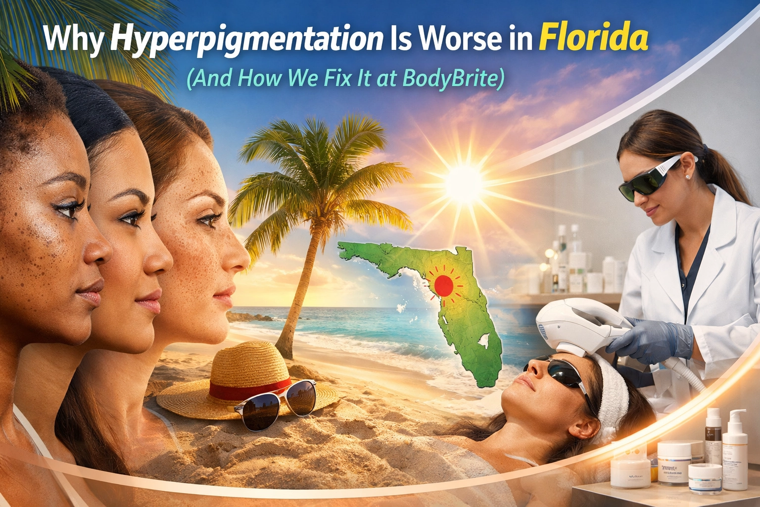 Four women with freckles, sunny Florida beach, and clinician at a Cooper City med spa treating hyperpigmentation concerns.