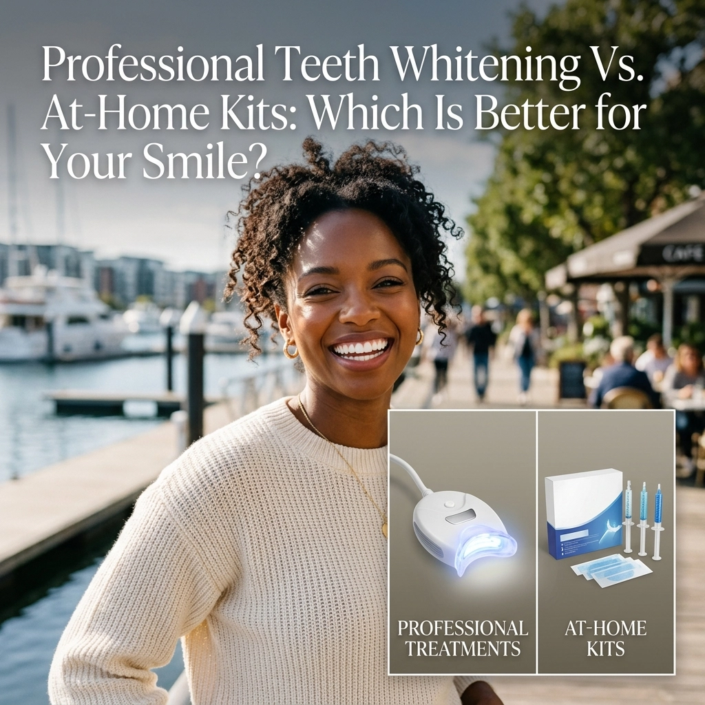 Smiling woman outdoors by water; inset compares med spa teeth whitening in Cooper City vs. at-home kits, showing both products.