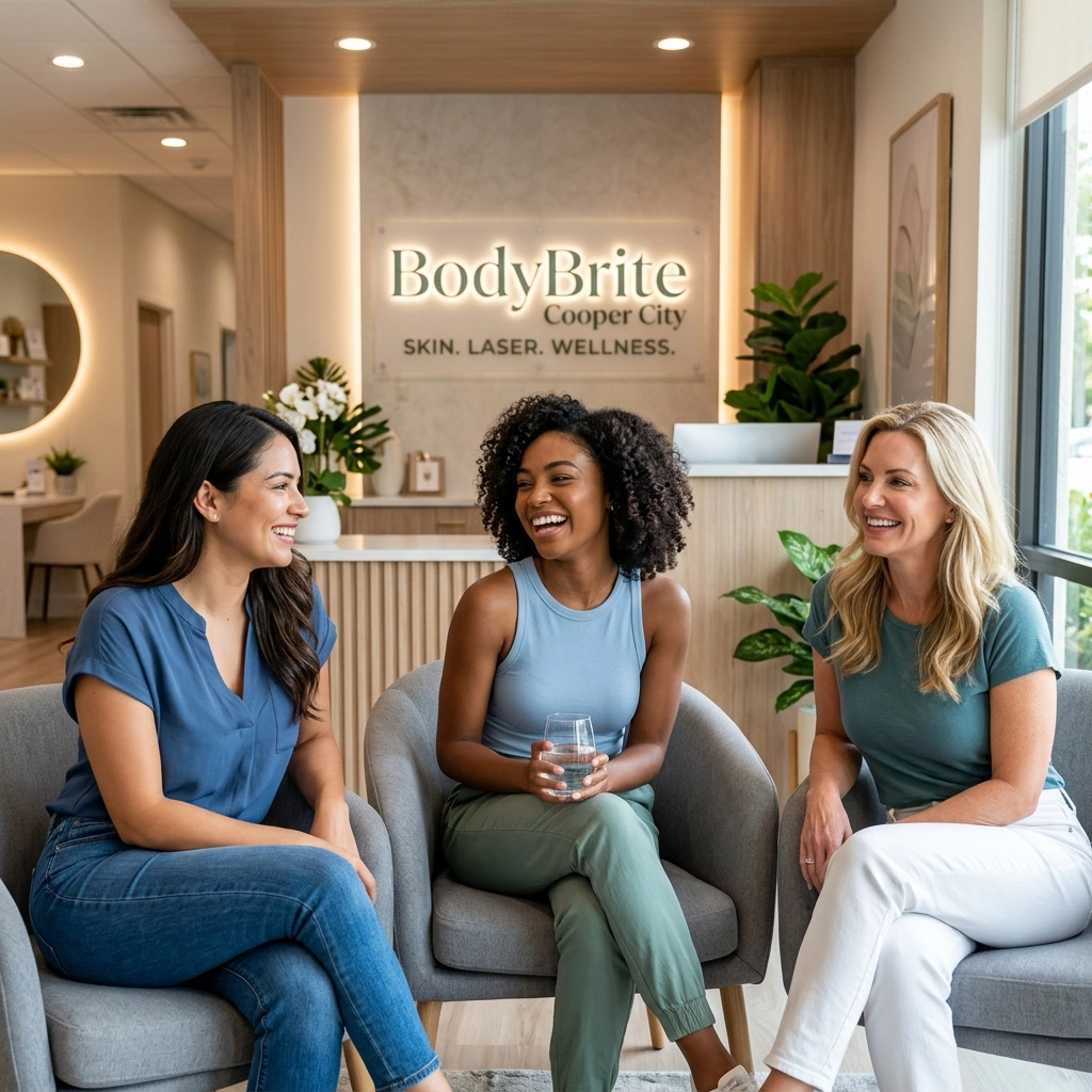 Three women chat in a modern med spa waiting area at BodyBrite Cooper City, with branding for the Cooper City clinic visible.