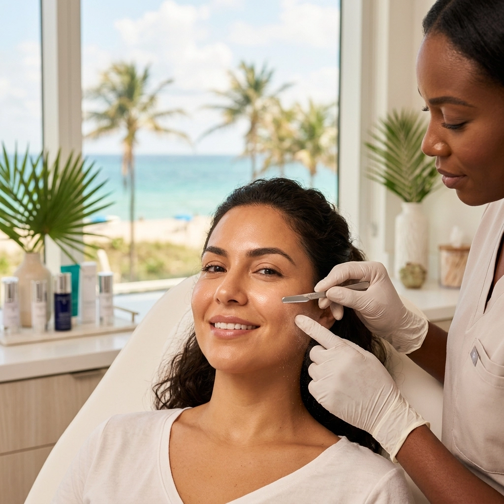 A woman receives dermaplaning from a med spa professional in Cooper City, with a clinic beach view visible in the background.