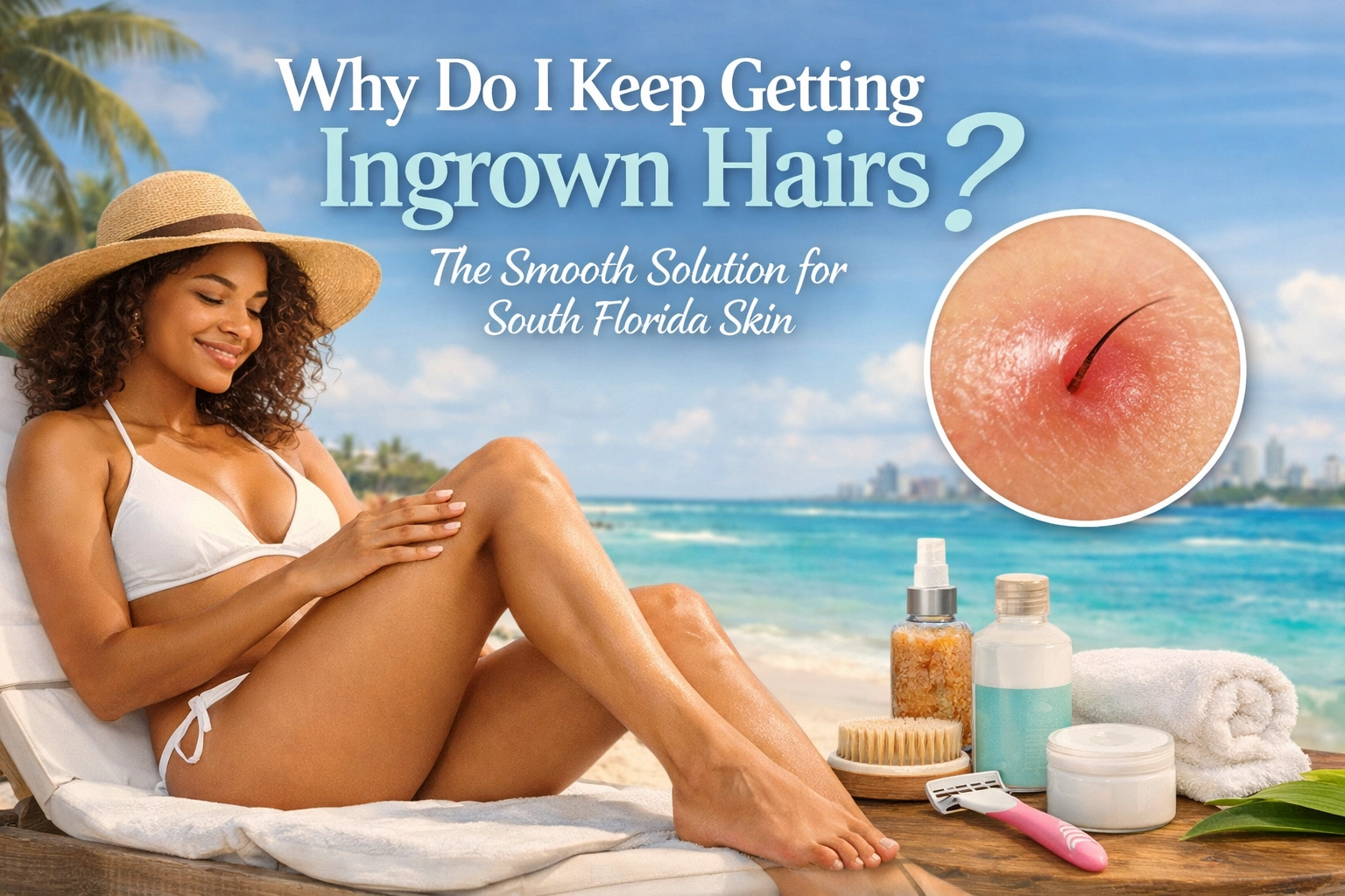 A woman on a lounge chair by the beach applies lotion; inset shows an ingrown hair. Text covers med spa care in Cooper City.
