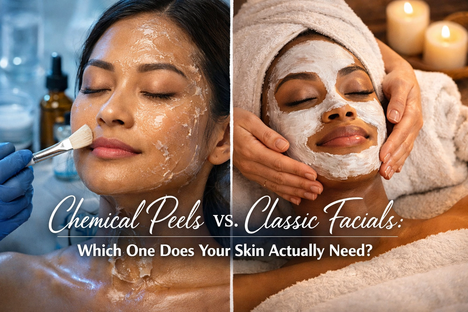 Split image of treatments at a Cooper City med spa: left, woman gets chemical peel; right, classic facial mask; comparison text shown.