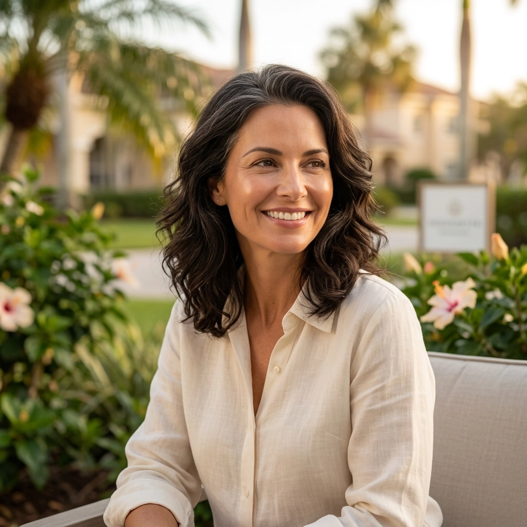 A woman with wavy dark hair and a light shirt sits smiling on a bench outside a Cooper City med spa, plants and flowers behind her.