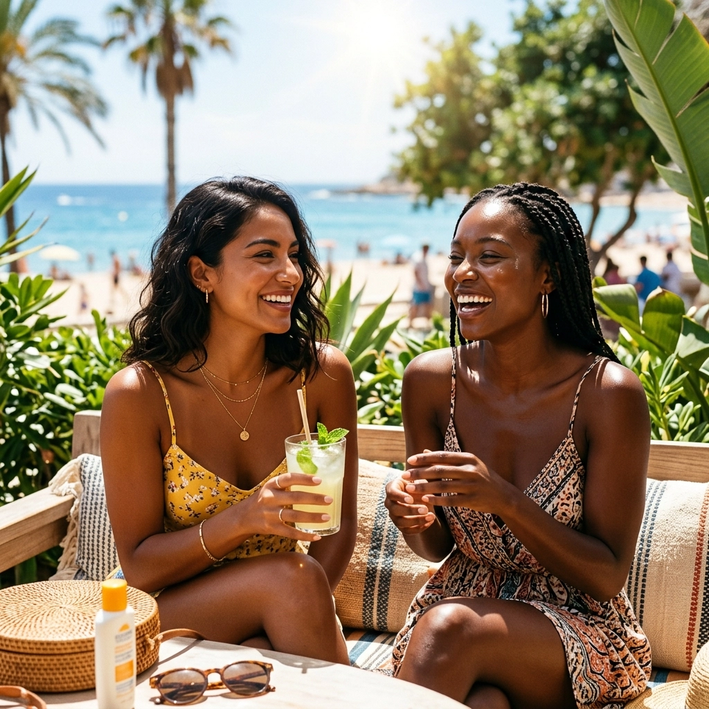 Two women relax at a Cooper City beachside café, chatting about med spas. Palm trees, sunscreen, and ocean views surround them.