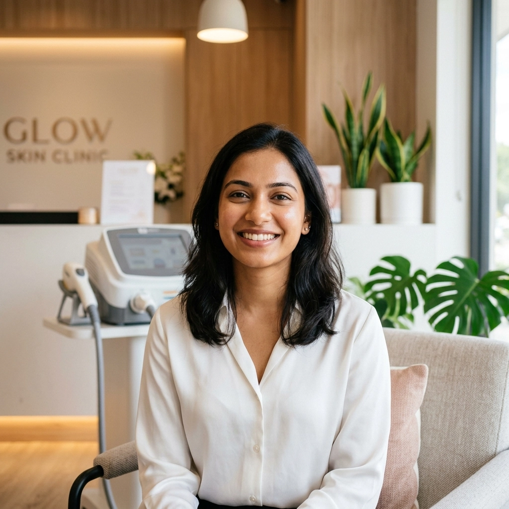 A woman in a white blouse sits smiling on a couch at a modern Cooper City med spa, with plants and skincare equipment behind her.