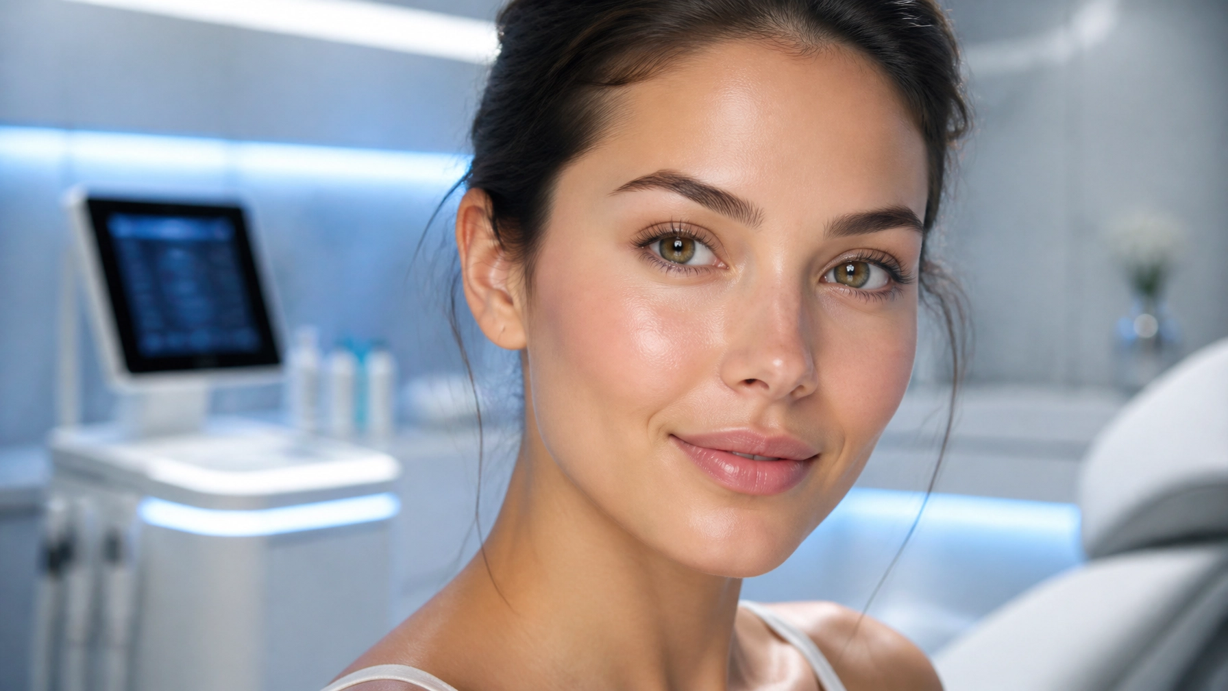 A woman with clear skin and dark hair smiles slightly in a bright Cooper City med spa, modern equipment visible in the background.