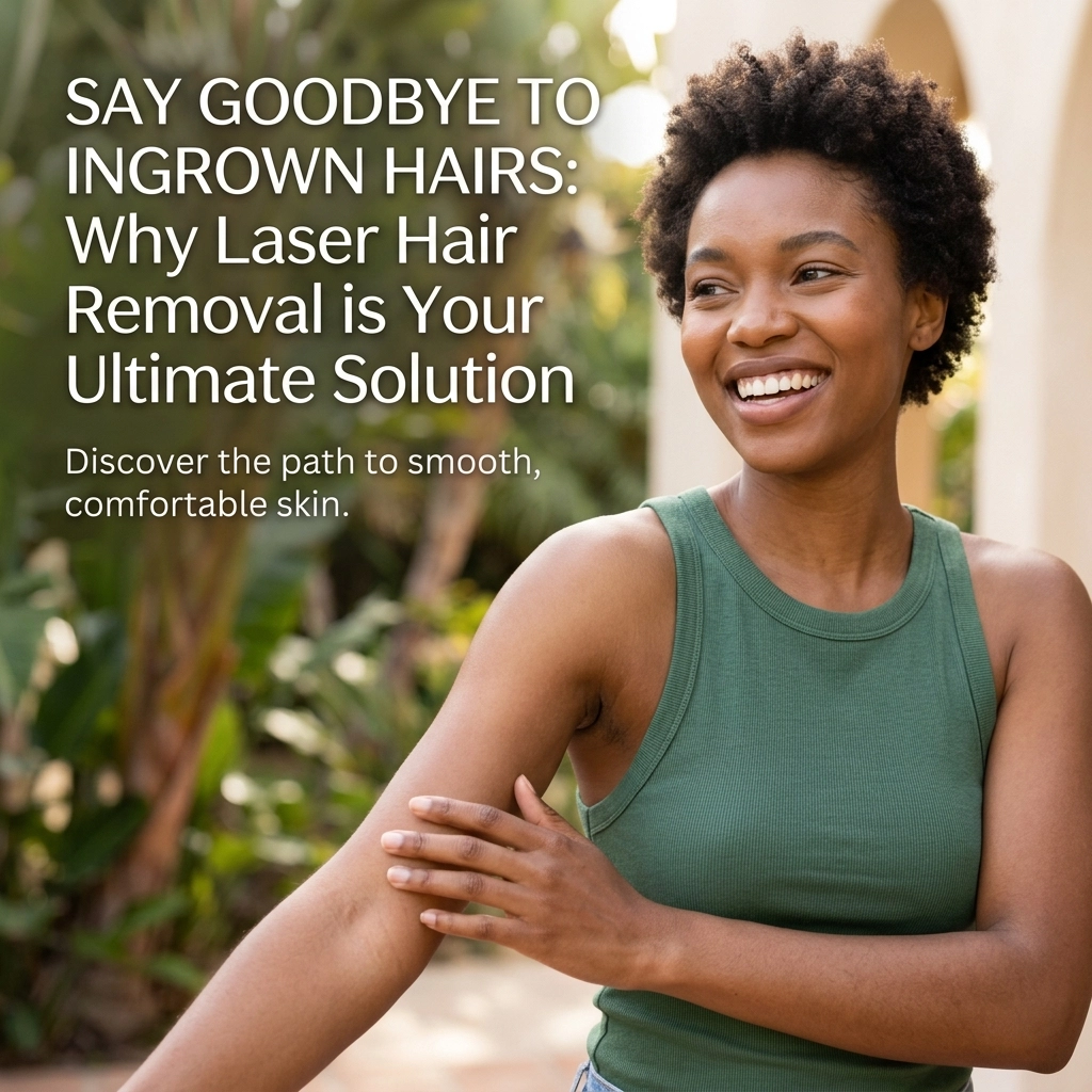 Smiling woman in a green tank top touches her arm outdoors, with text promoting med spa laser hair removal in Cooper City for smooth skin.