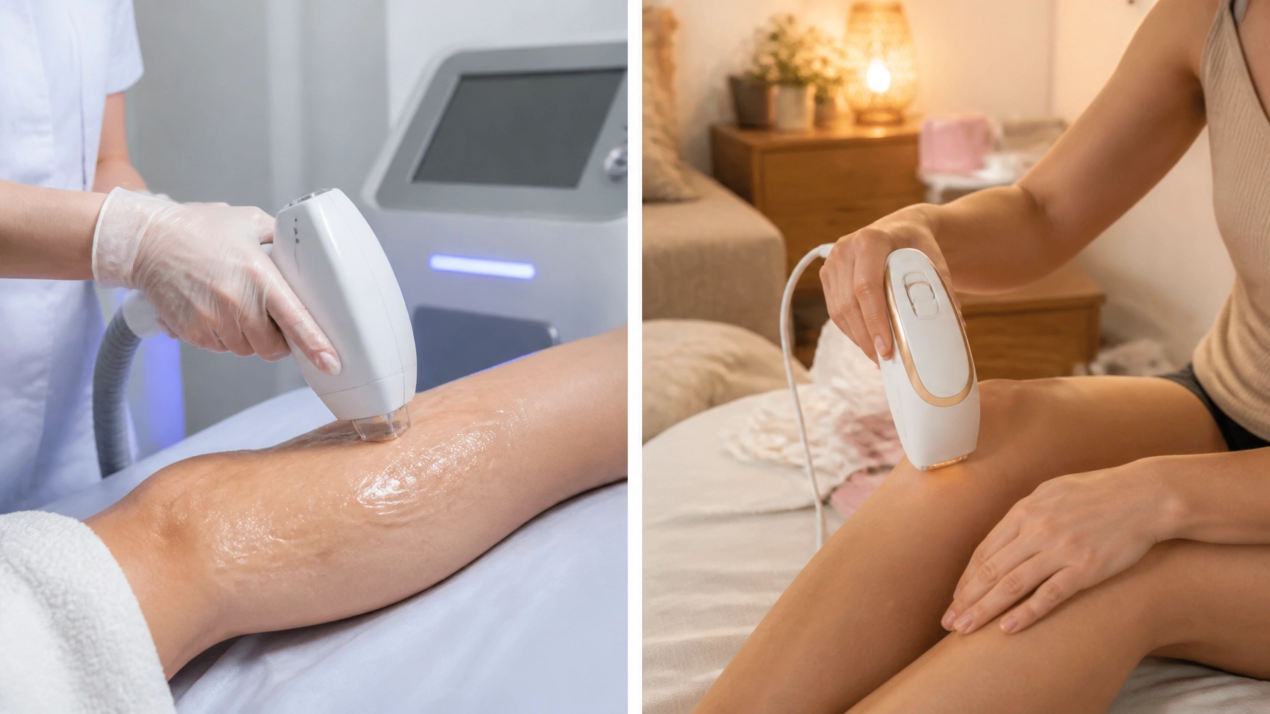 A split image showing laser hair removal at a Cooper City med spa on the left and at-home handheld device use on the right.