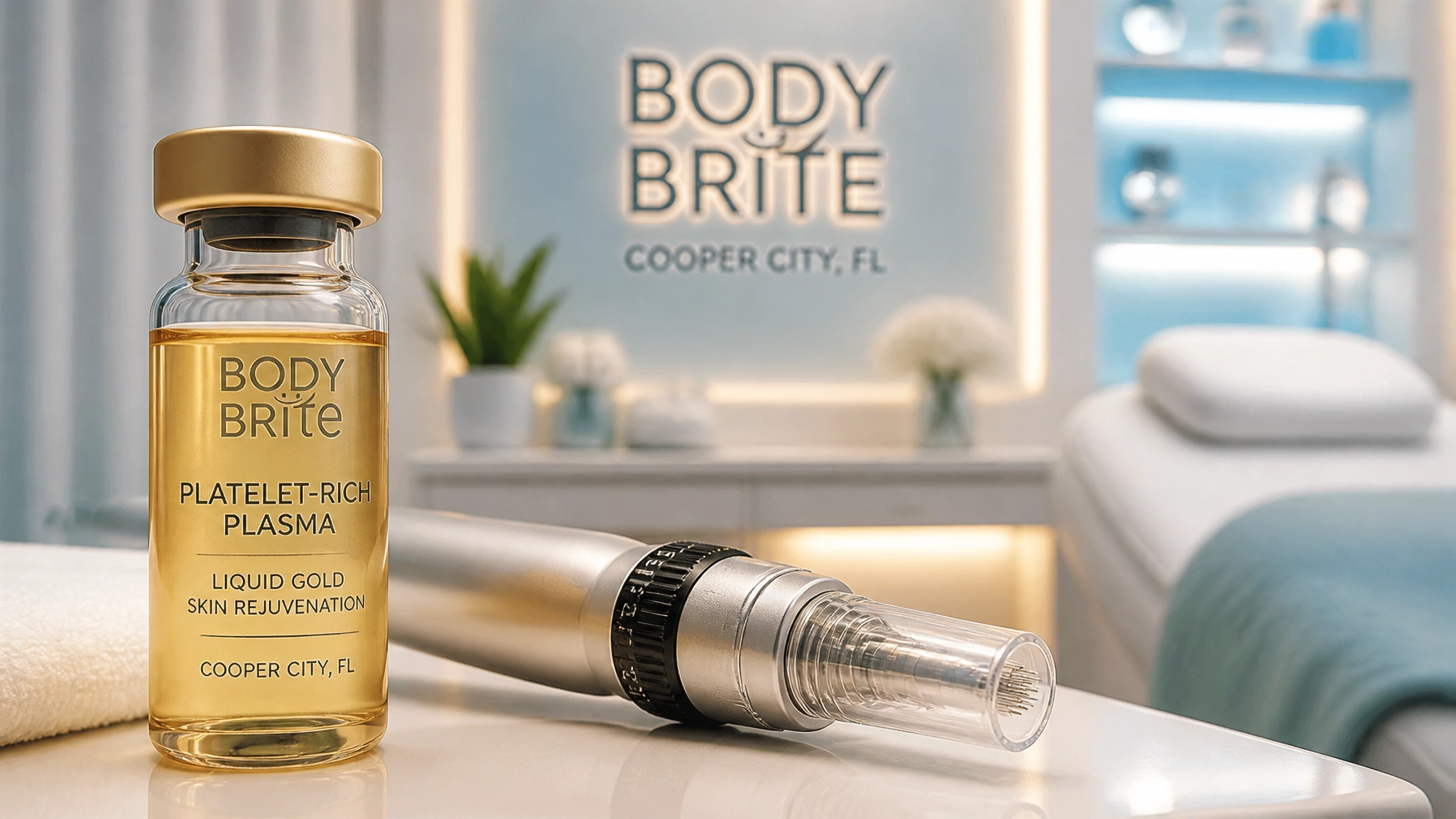 A vial labeled "Platelet-Rich Plasma" and microneedling device in a Cooper City med spa with Body Brite clinic signage.