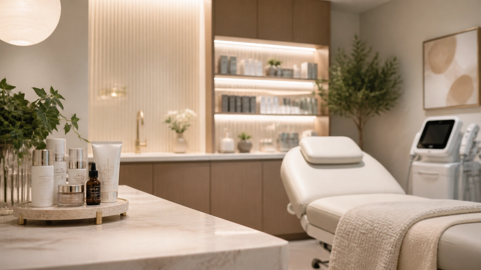 Modern med spa treatment room in Cooper City featuring a reclining chair, skincare products displayed on a counter, shelves lined with bottles, lush plants adding greenery, and soft lighting creating a relaxing atmosphere.