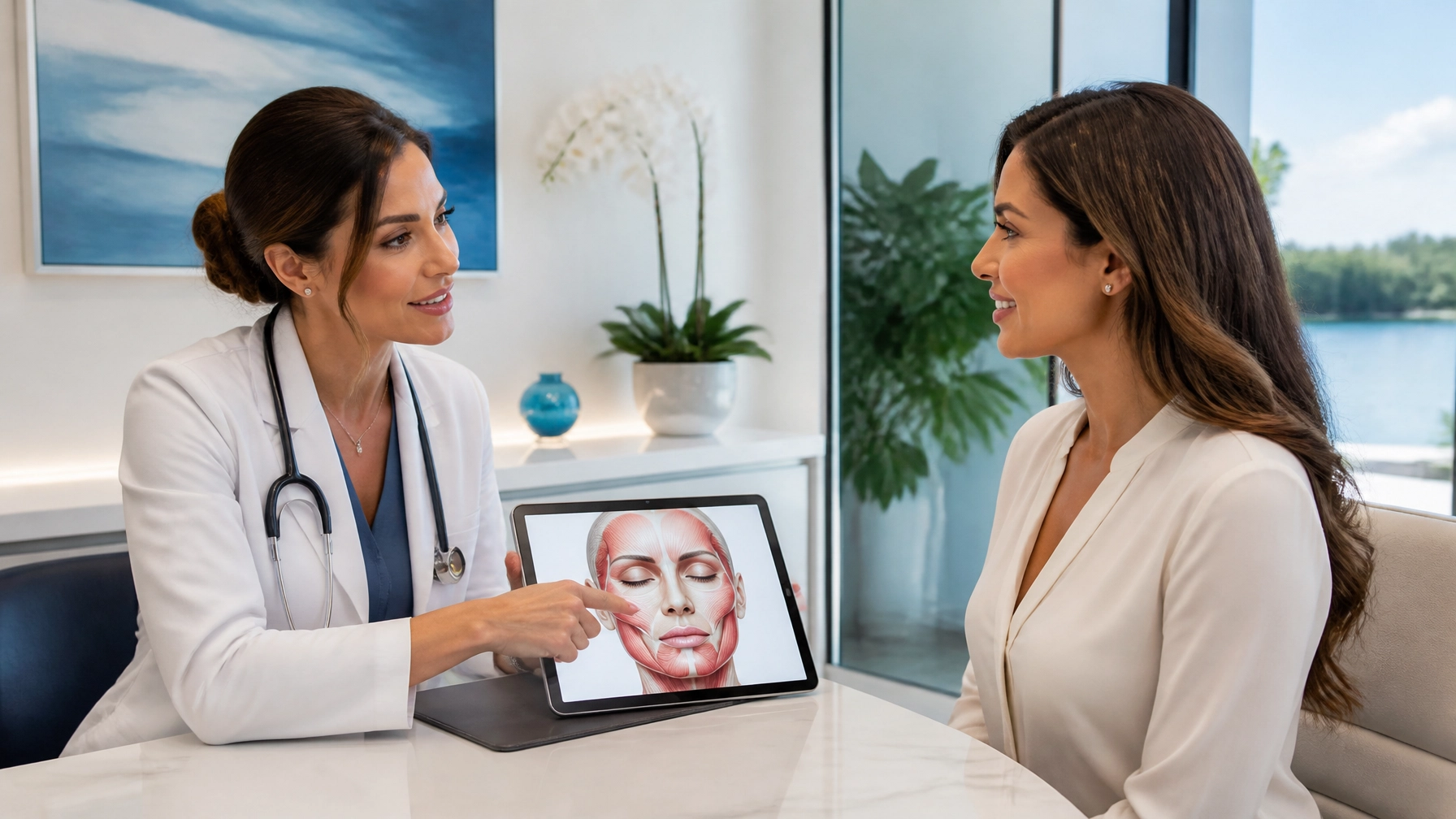 A doctor at a med spa in Cooper City shows a patient a digital diagram of facial muscles in a modern office featuring large windows and lush plants.
