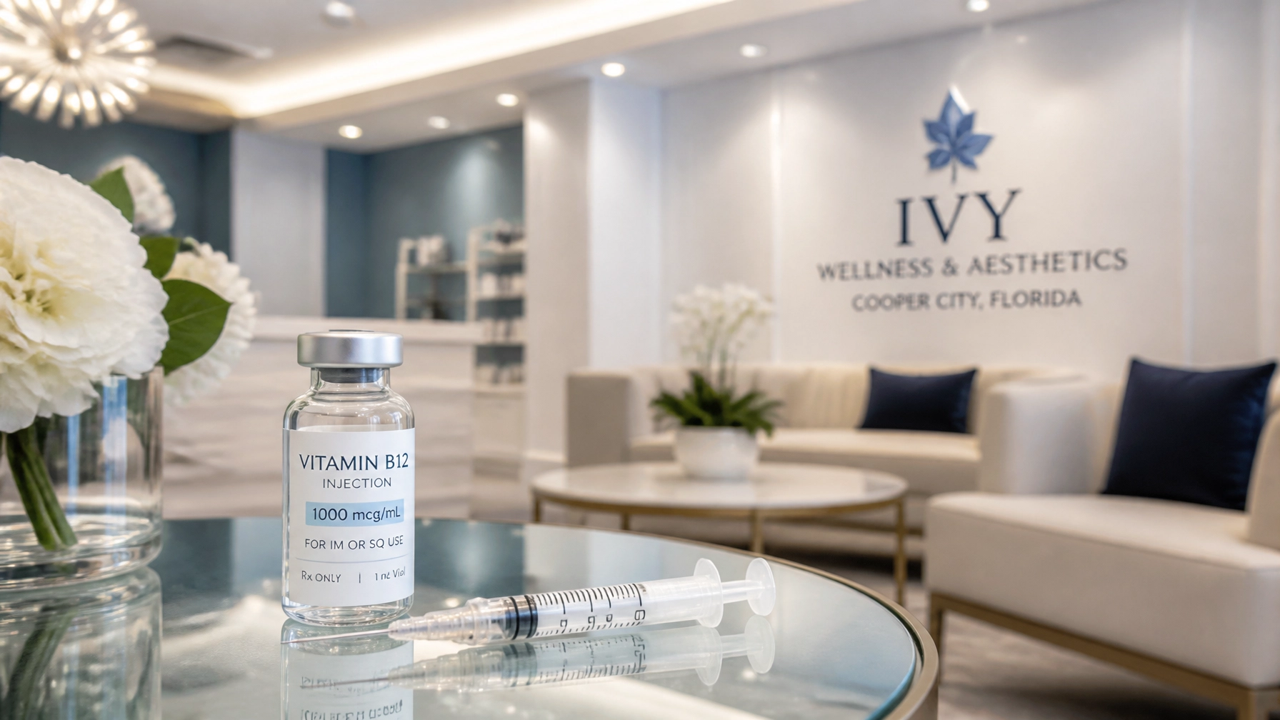 A vial labeled “Vitamin B12 Injection” and a syringe rest on a glass table in the waiting area of a modern med spa in Cooper City, featuring white decor and comfortable seating.