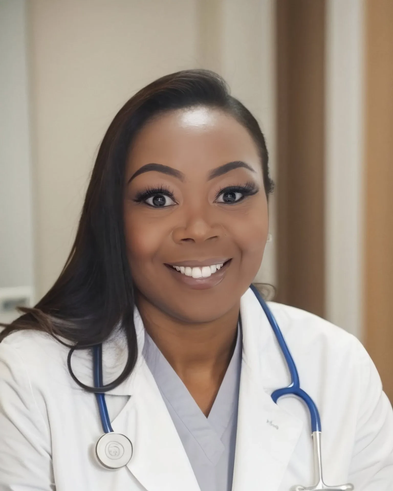 A doctor wearing a white coat and stethoscope smiles at the camera in a modern medical office, with med spa equipment visible in the background, located in Cooper City.
