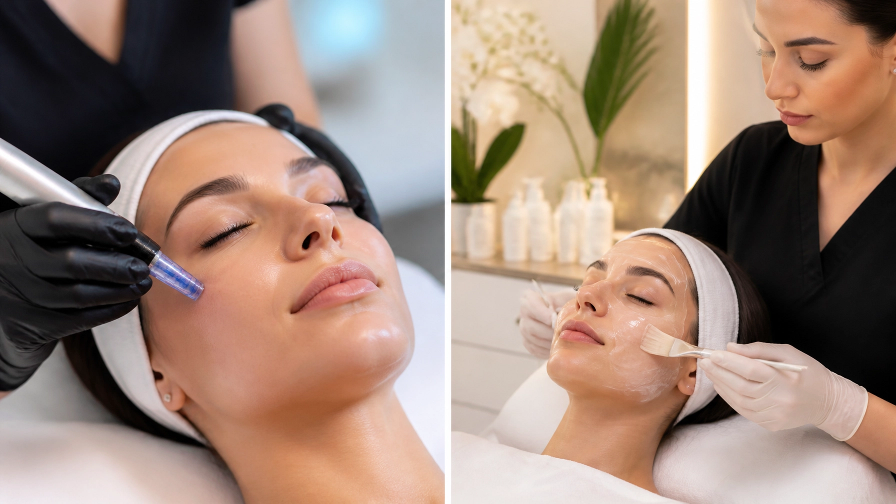 A woman receives a facial treatment at a Cooper City med spa, shown in two scenes: one with a professional using a skin-needling device and another where a cream is applied by the specialist.