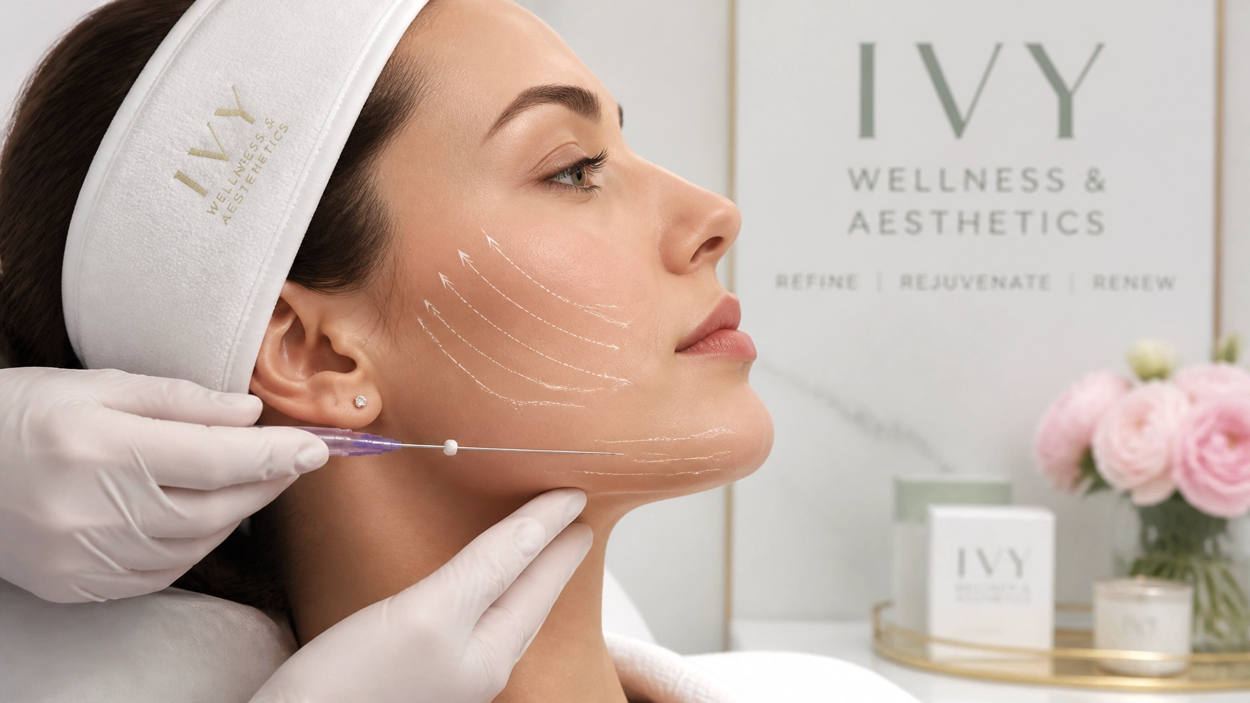 A woman is receiving a cosmetic thread lift on her jawline at a med spa clinic in Cooper City. The practitioner, wearing gloves, performs the procedure while "IVY Wellness & Aesthetics" is visible on the wall in the background.