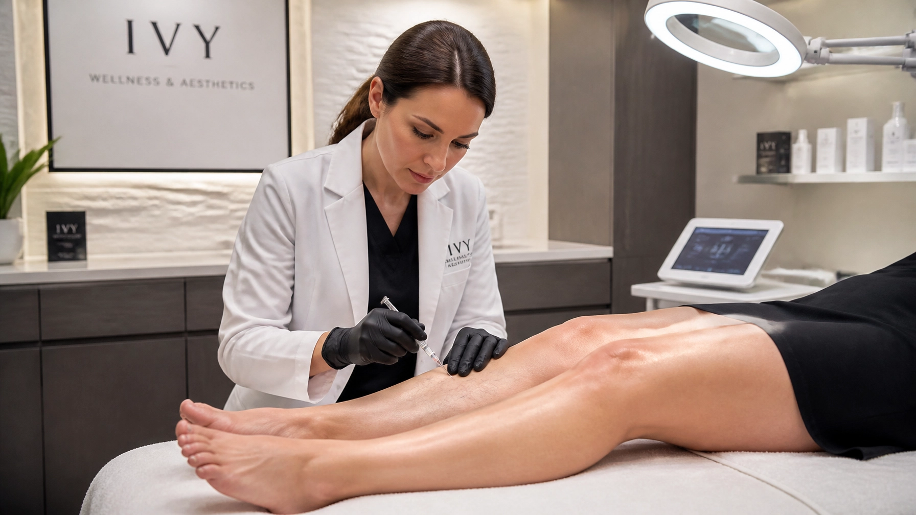 A woman wearing a white coat and black gloves injects a syringe into a person's leg at a med spa in Cooper City, inside a medical aesthetics clinic.