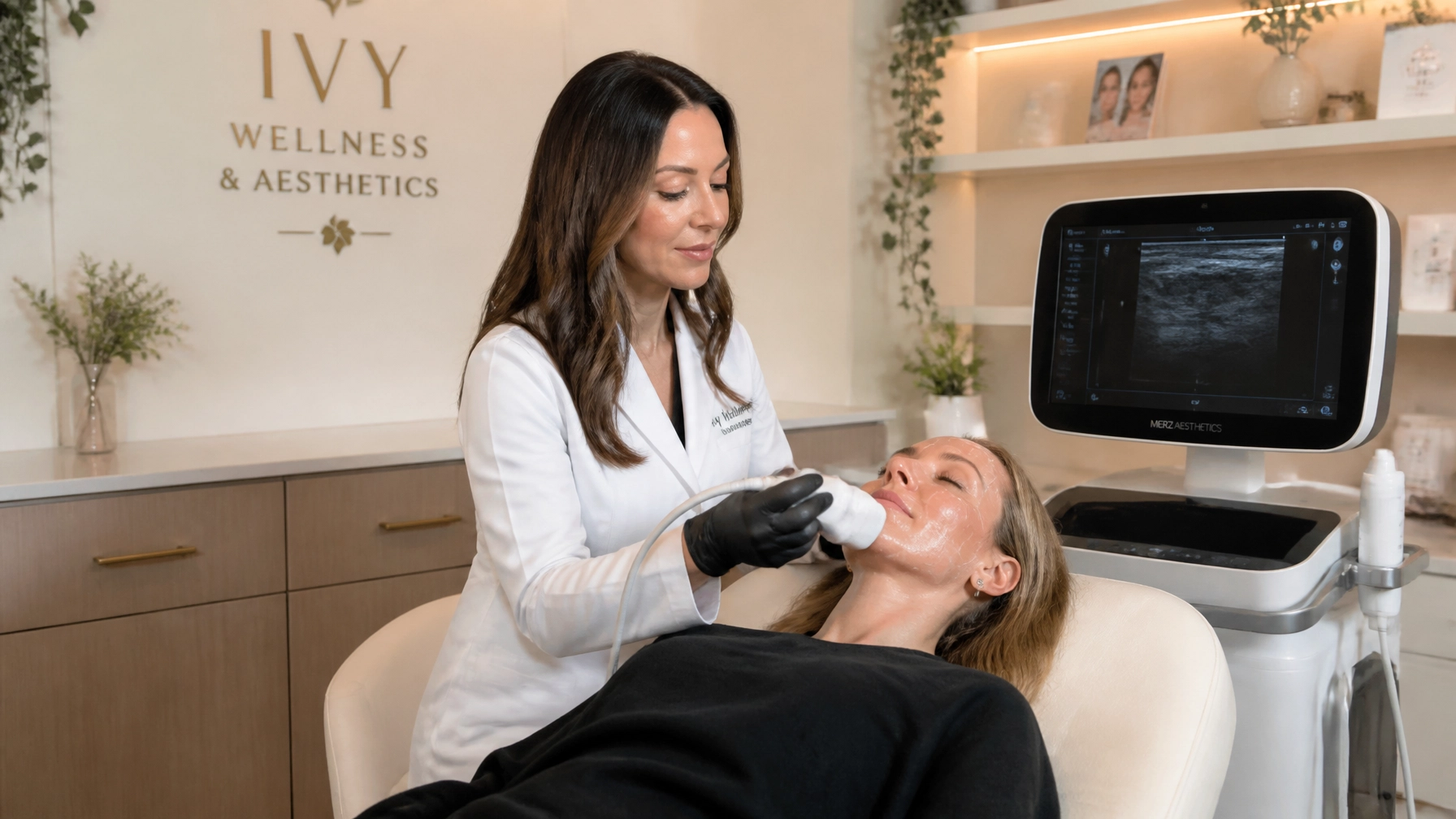 A woman in a white coat performs a facial treatment on a patient using a handheld device in a modern med spa located in Cooper City.