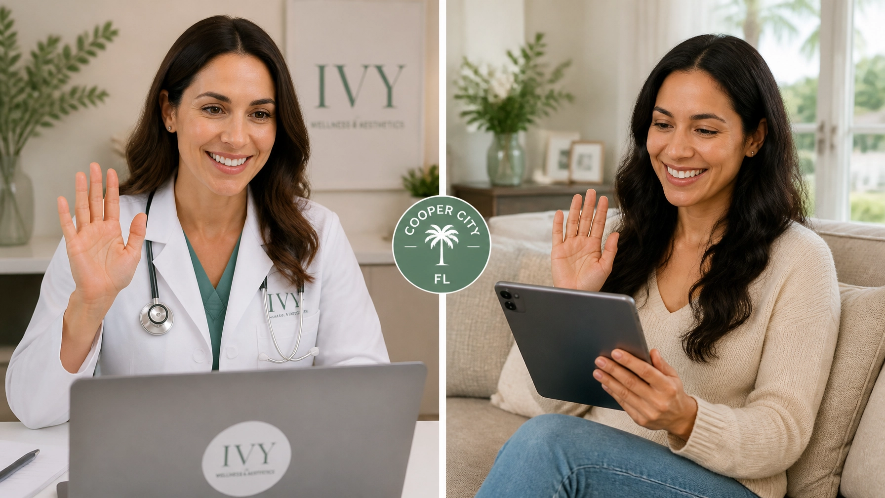 A doctor in a white coat, representing a med spa in Cooper City, is having a video call with a woman using a tablet. Both women are smiling and waving. The image displays “COOPER CITY FL” and “IVY” logos, emphasizing the med spa setting.