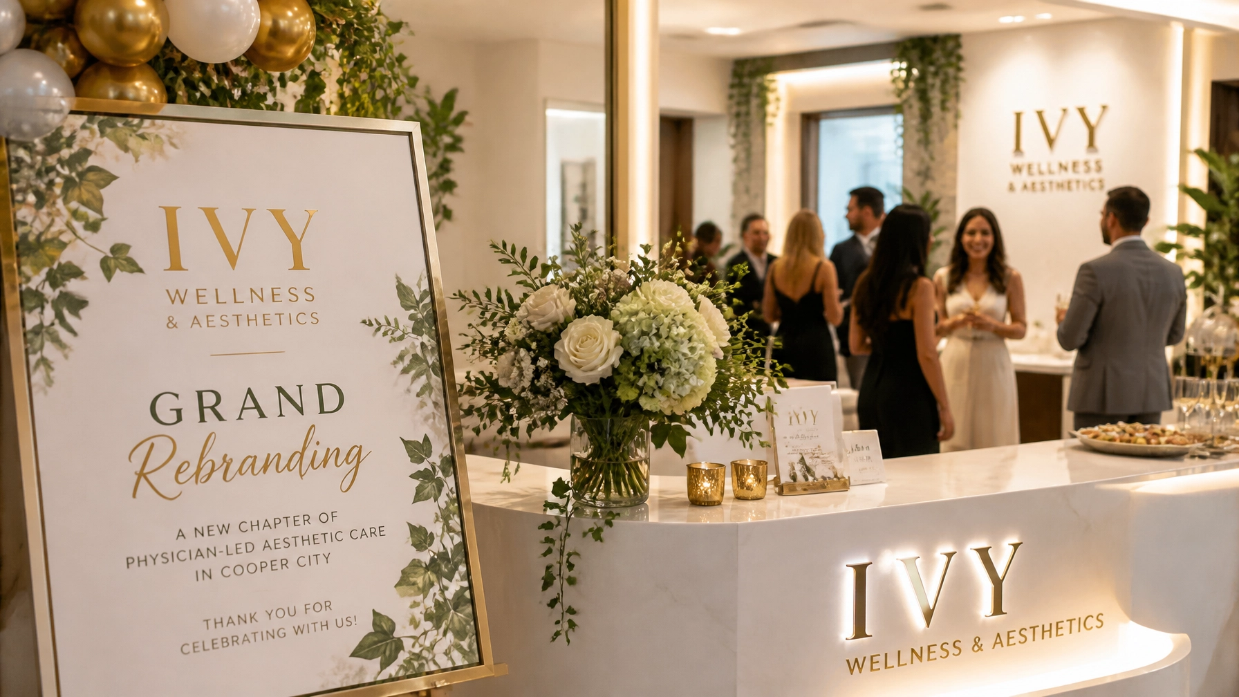 Reception area of Ivy Wellness & Aesthetics, a med spa in Cooper City, featuring a sign announcing a grand rebranding event, floral arrangements, and guests socializing in the modern, stylishly decorated space.