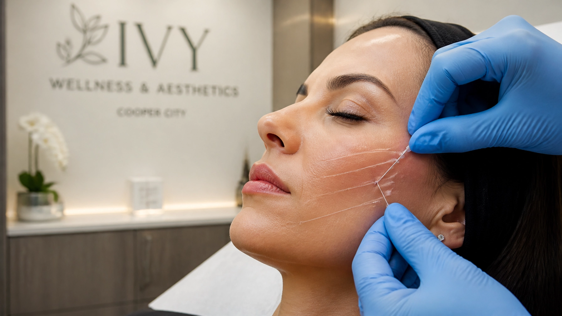 A woman receives a facial thread lift procedure at a med spa in Cooper City, as a practitioner’s gloved hands carefully insert a thread into her cheek.