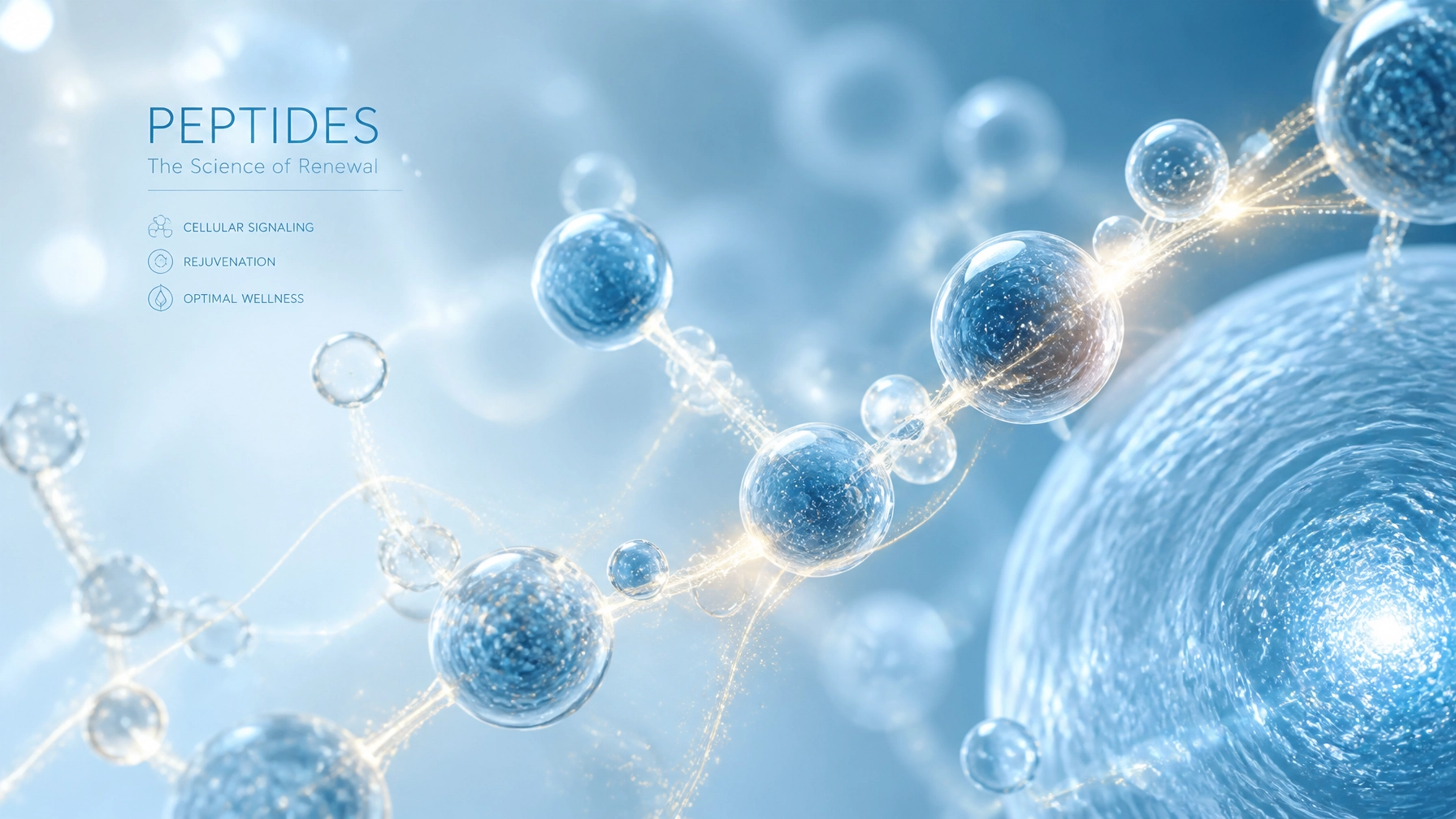 Abstract blue illustration of peptide molecules connected by glowing strands, with text highlighting peptides’ roles in cellular signaling, rejuvenation, and optimal wellness, specifically emphasizing their benefits as offered in med spas in Cooper City.