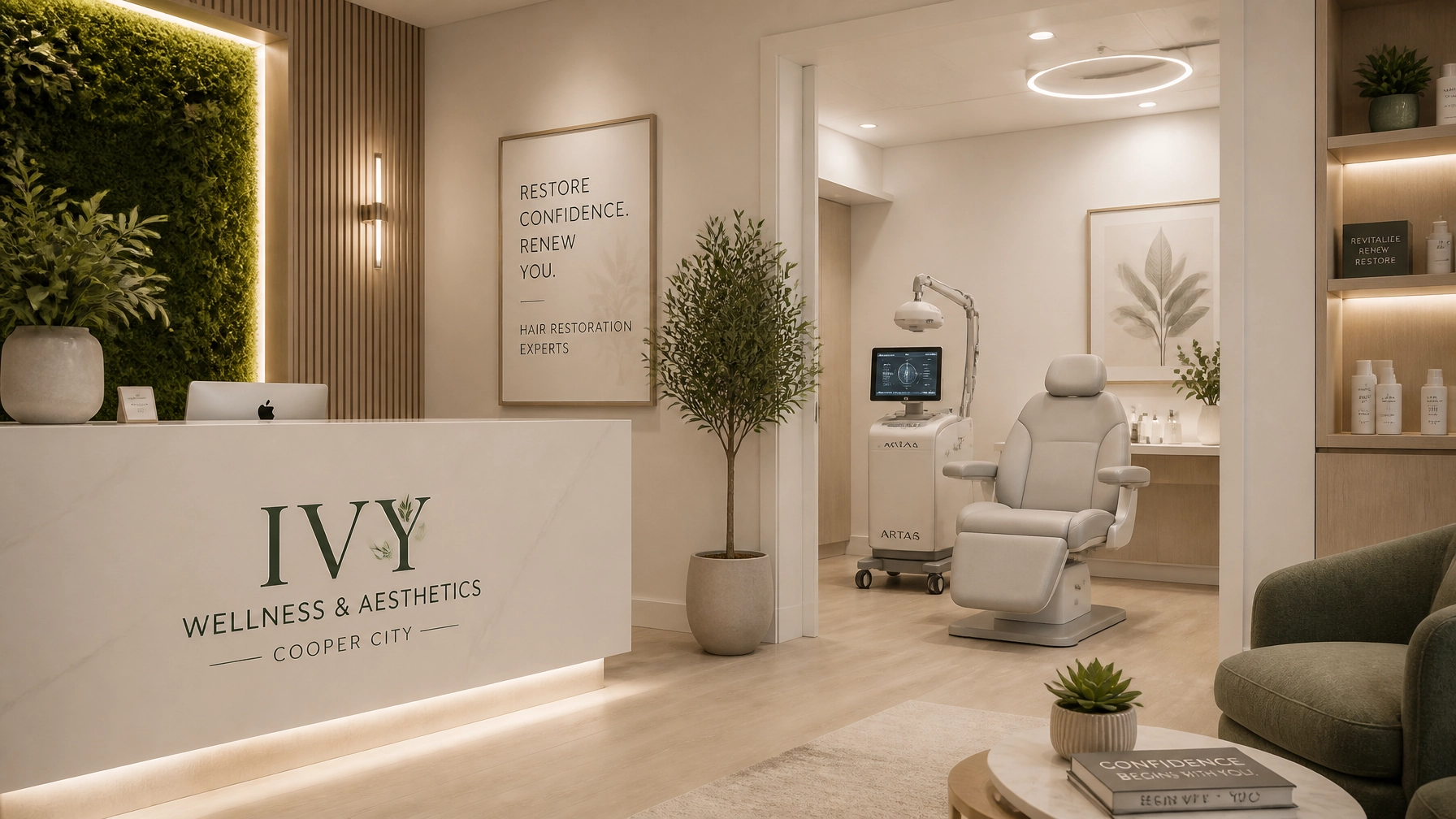 Reception area of a Cooper City med spa and wellness clinic featuring a front desk, indoor plants, a waiting area, a treatment room with a medical chair, and aesthetic decor in neutral tones.